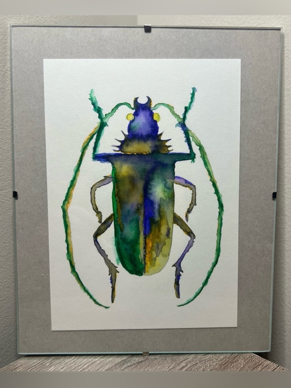 Hand-Painted Watercolor Beetle Art | 10” x 8” Floating Glass Frame